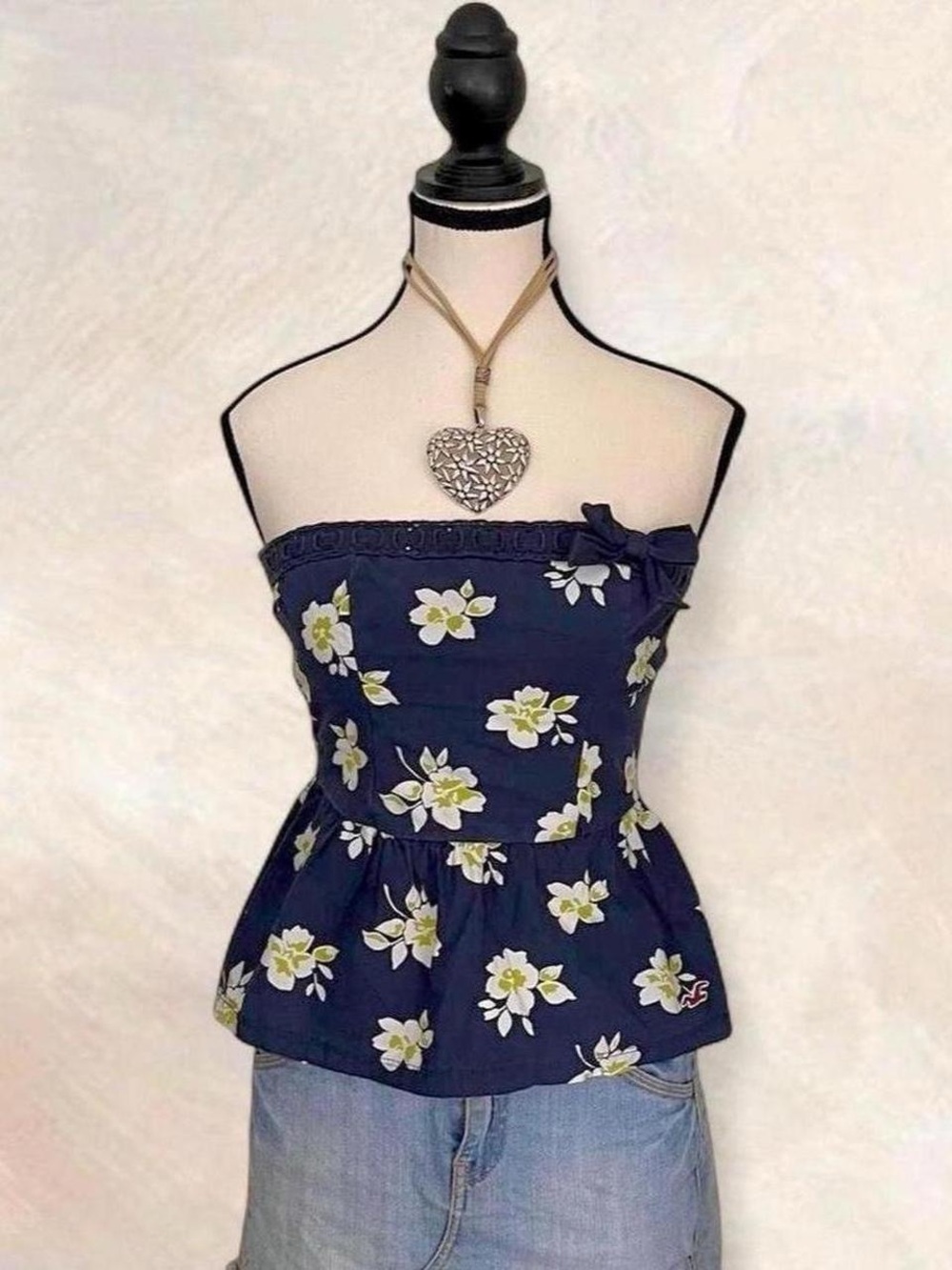 Hollister Navy Floral Strapless Peplum Top